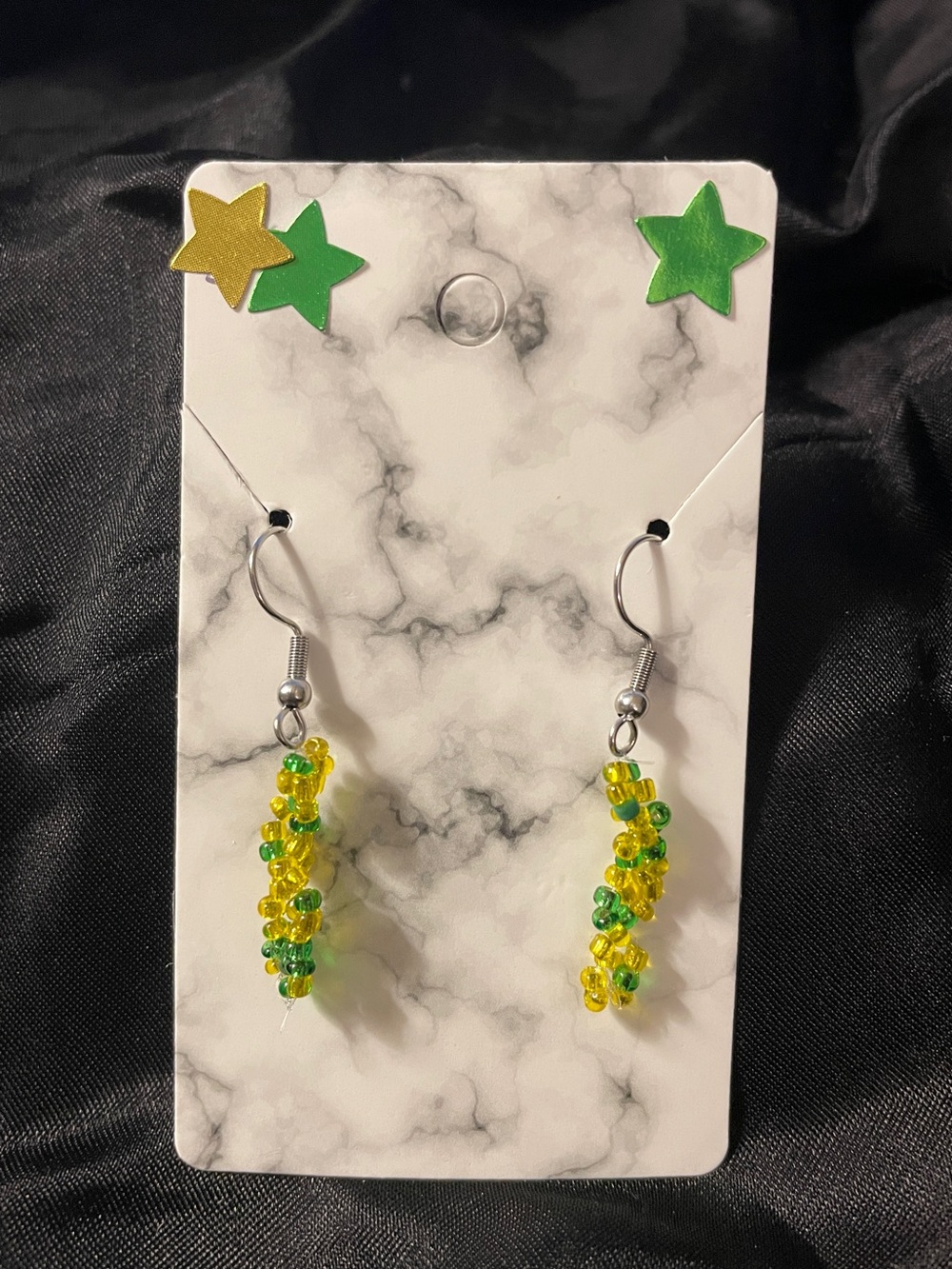 Handmade Yellow & Green Beaded Dangle Earrings